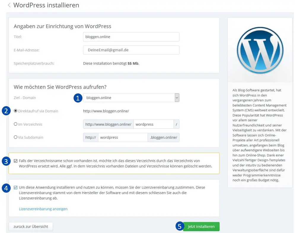 Wordpress Installationsbildschirm